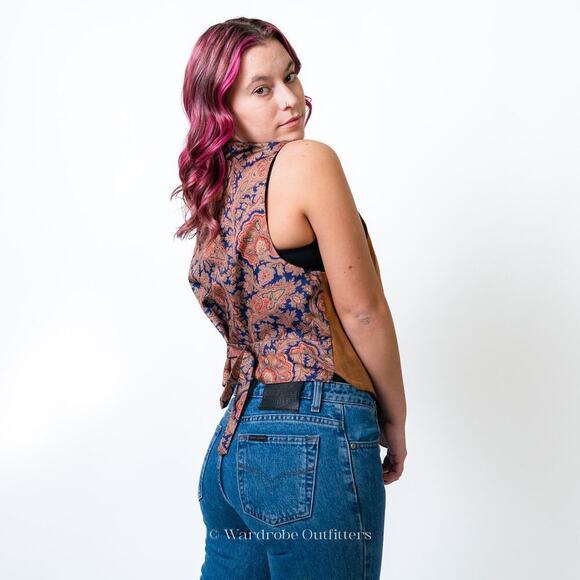 Vintage Western Cowhide Leather & Silk Paisley Print Vest - Picture 1 of 12